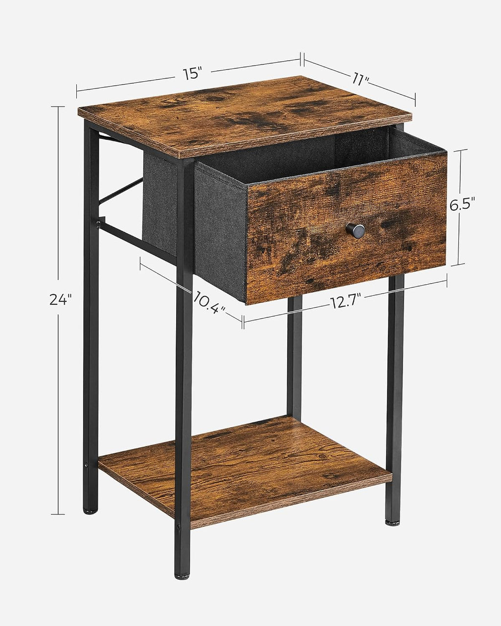 VASAGLE Nightstands, Set of 2 Side Tables with Fabric Drawer, 24-Inch Tall End Tables with Storage Shelf, Bedroom, Rustic Brown and Black ULGS221B01V1