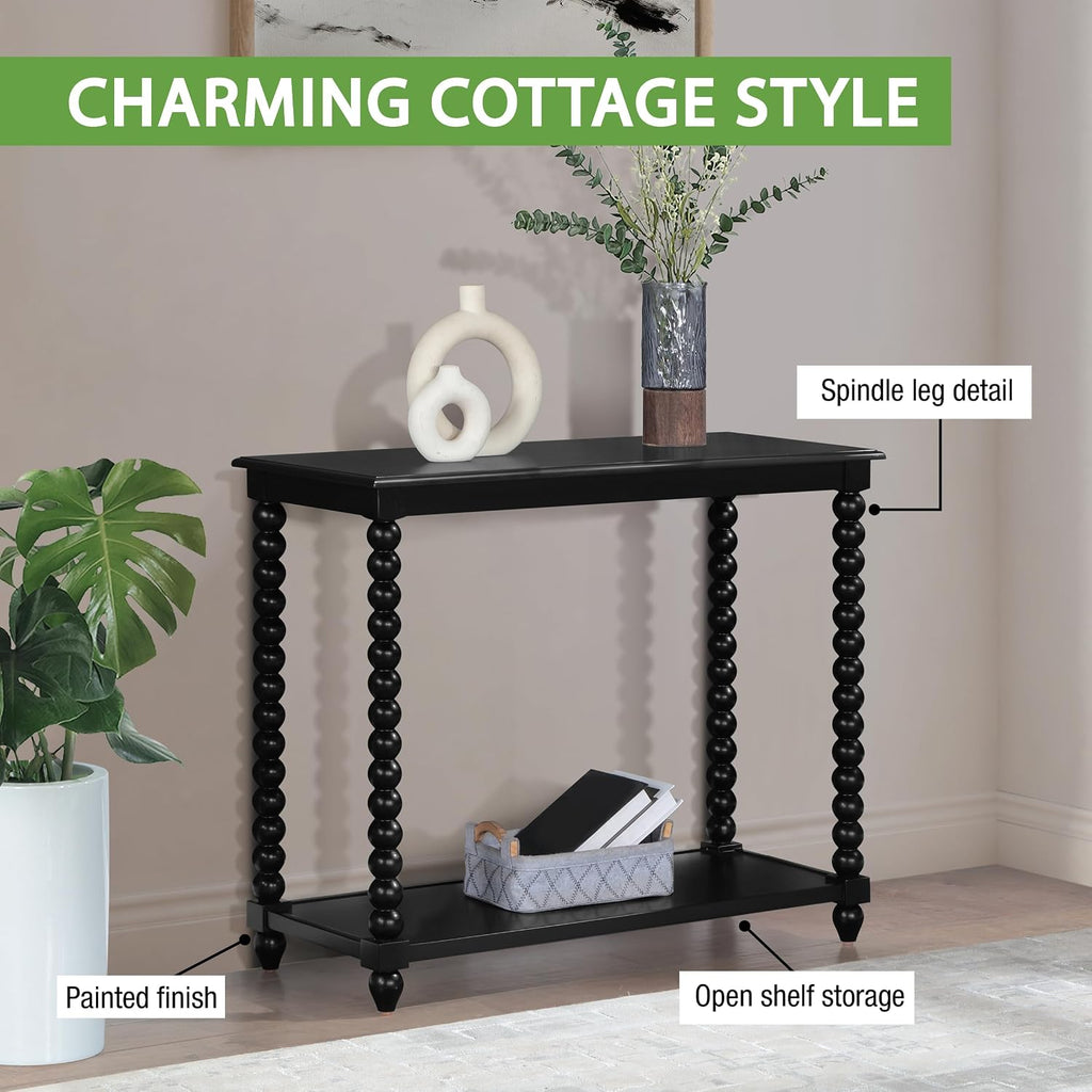 OSP Home Furnishings Elise Cottage Style Table with Spindle Legs, Open Storage Shelf, Foyer Table, Black Finish