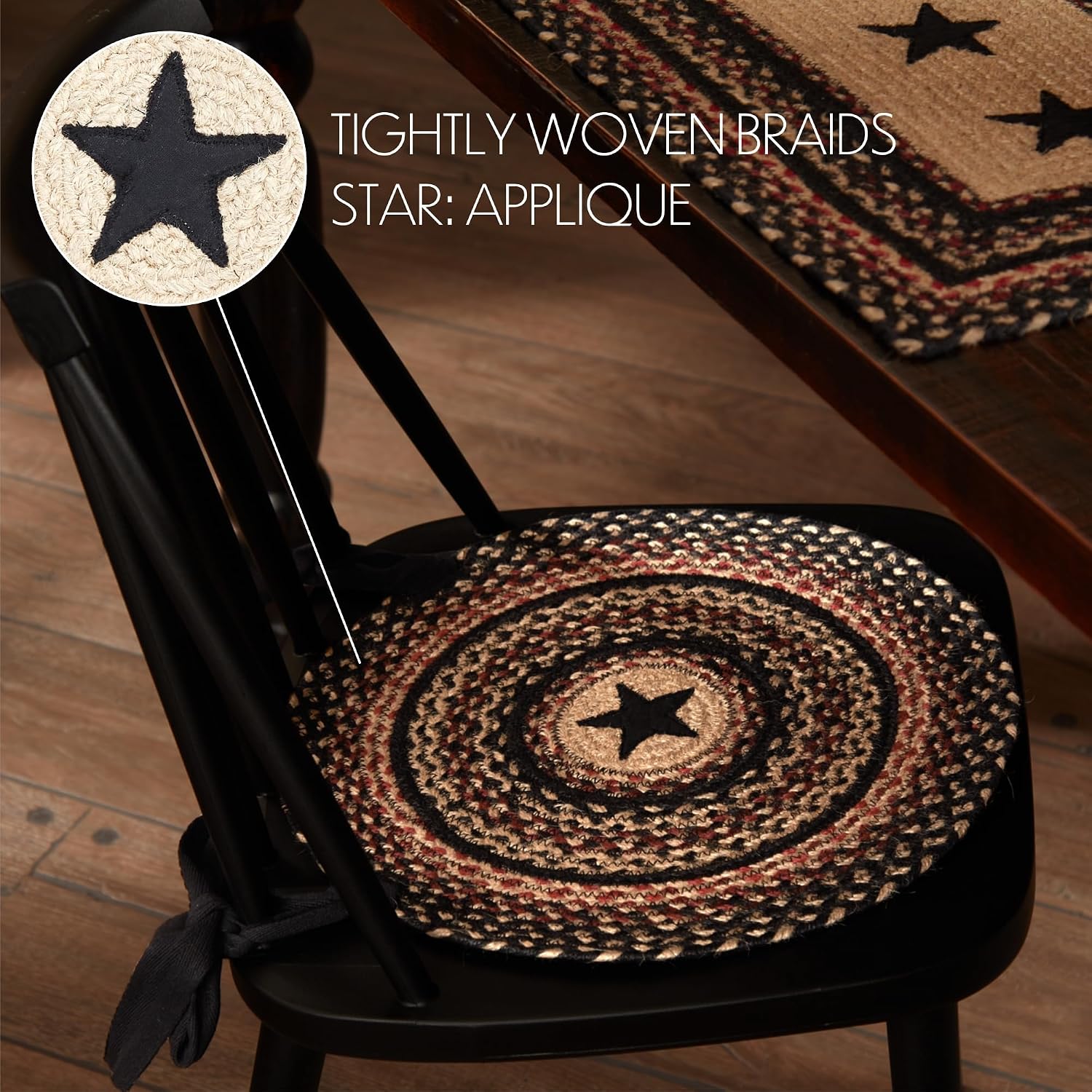 VHC Brands Colonial Star Round Seat Cushion Chair Pad, Tan Black Red, Jute Blend with Ties, 15x15 Inches, Set of 8