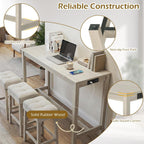 COSTWAY 4-Piece Breakfast Nook Bar Set with Built-in Charging Station, Counter Height Table with 3 Stools, Farmhouse Dining Room Table & Chairs with Wooden Frame & Cushioned Seat for Kitchen, Gray