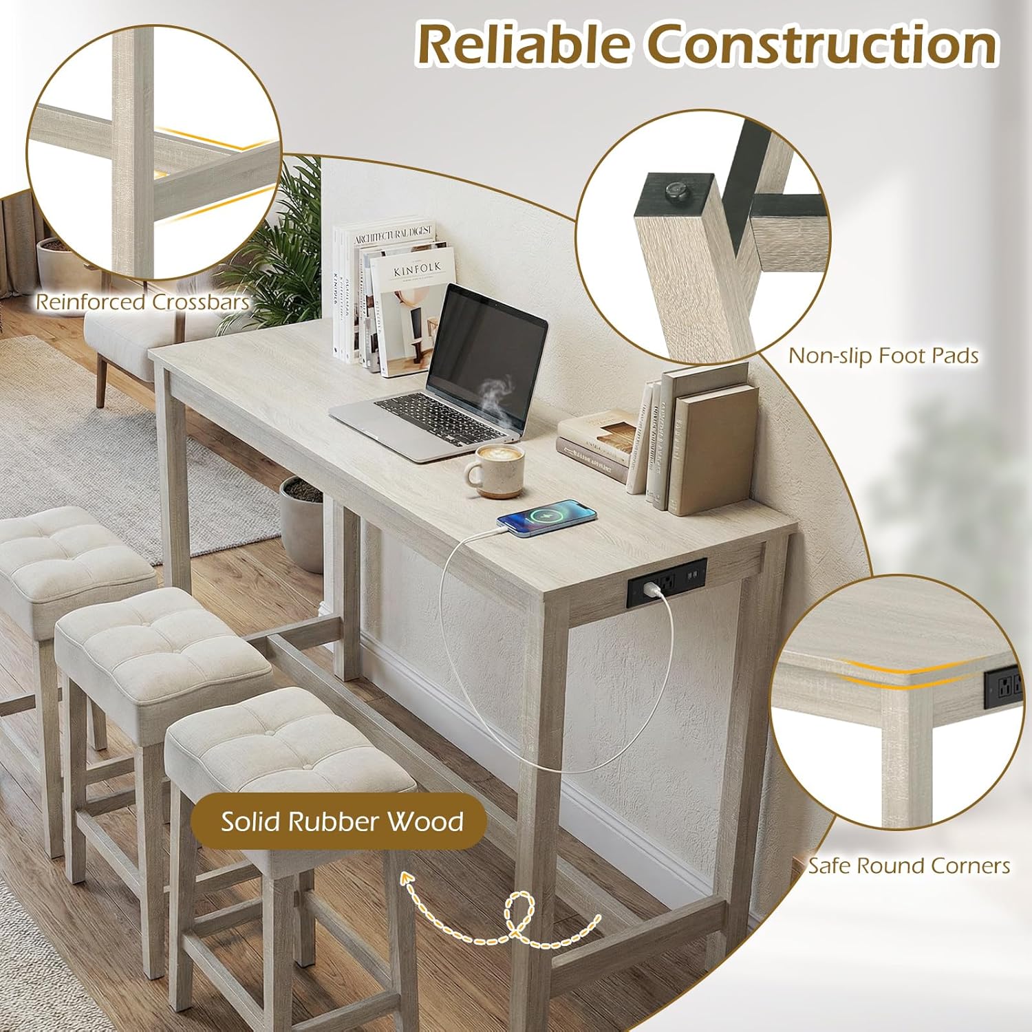 COSTWAY 4-Piece Breakfast Nook Bar Set with Built-in Charging Station, Counter Height Table with 3 Stools, Farmhouse Dining Room Table & Chairs with Wooden Frame & Cushioned Seat for Kitchen, Gray