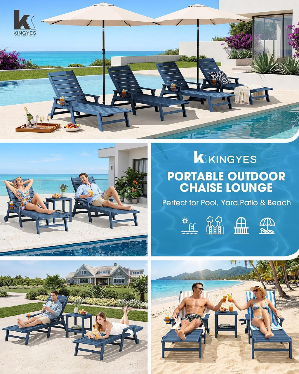 KINGYES HDPE Lounge Chair Outdoor Set of 2, Patio Chaise Lounge Recliner with Cup Holder All Weather Pool Lounger for Outside, Blue