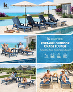 KINGYES HDPE Lounge Chair Outdoor Set of 2, Patio Chaise Lounge Recliner with Cup Holder All Weather Pool Lounger for Outside, Blue