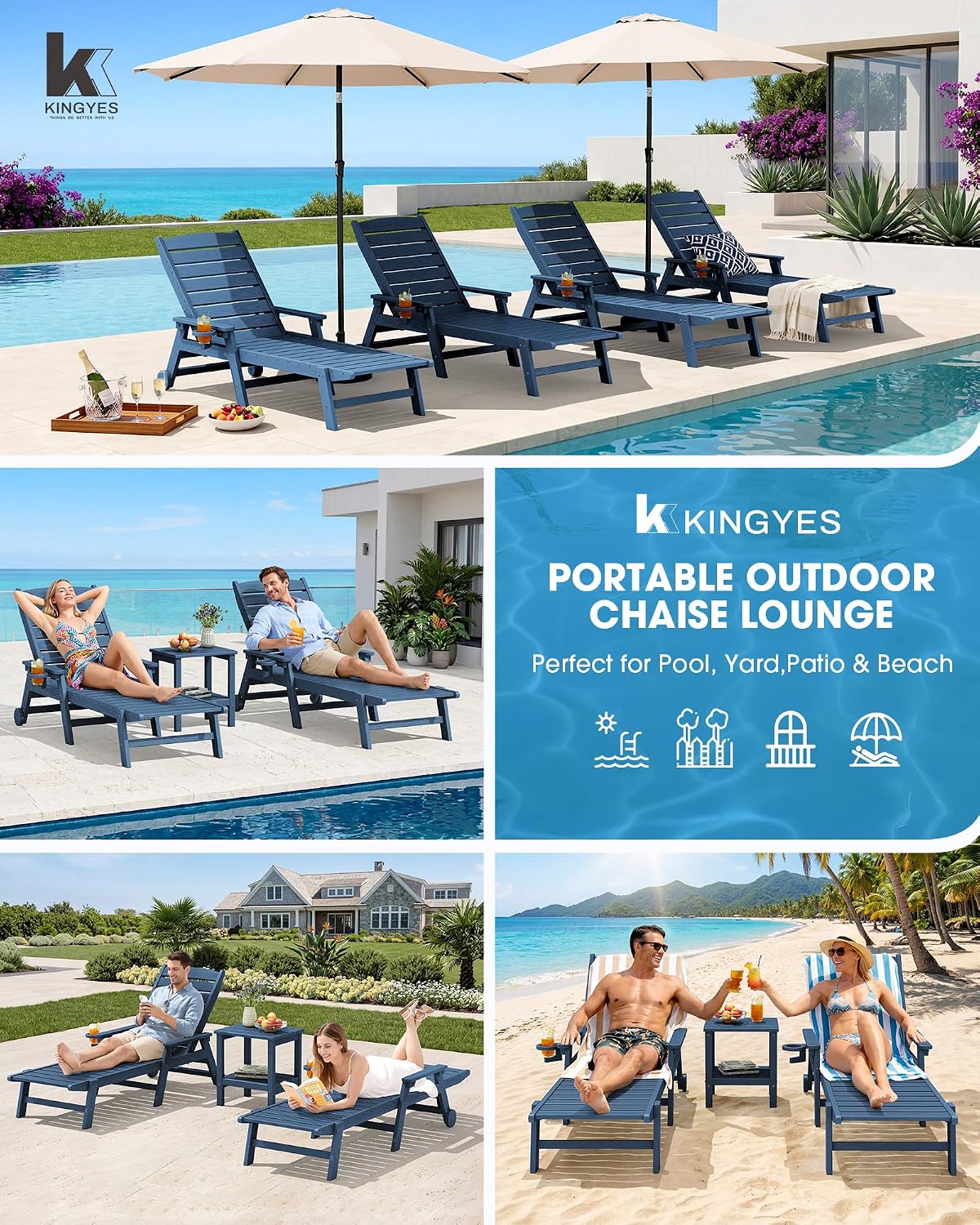 KINGYES HDPE Lounge Chair Outdoor Set of 2, Patio Chaise Lounge Recliner with Cup Holder All Weather Pool Lounger for Outside, Blue