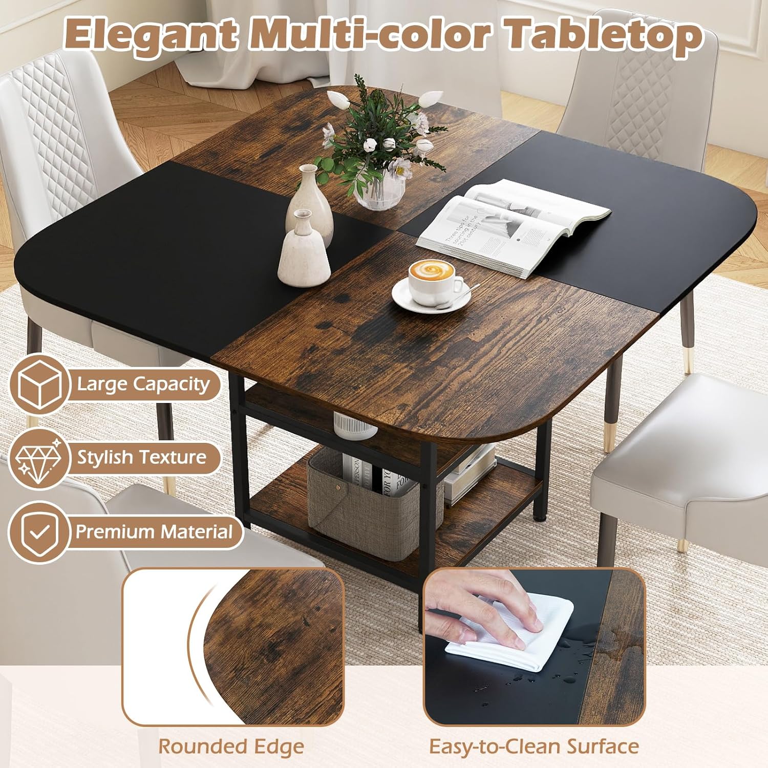 Giantex 47.5-inches Dining Table for 4, Square Kitchen Table with 2-Layer Storage Rack, Mix-Colored Tabletop, Adjustable Foot Pads, Wooden Dinner Tables for Dinette, Living Room, Restaurant