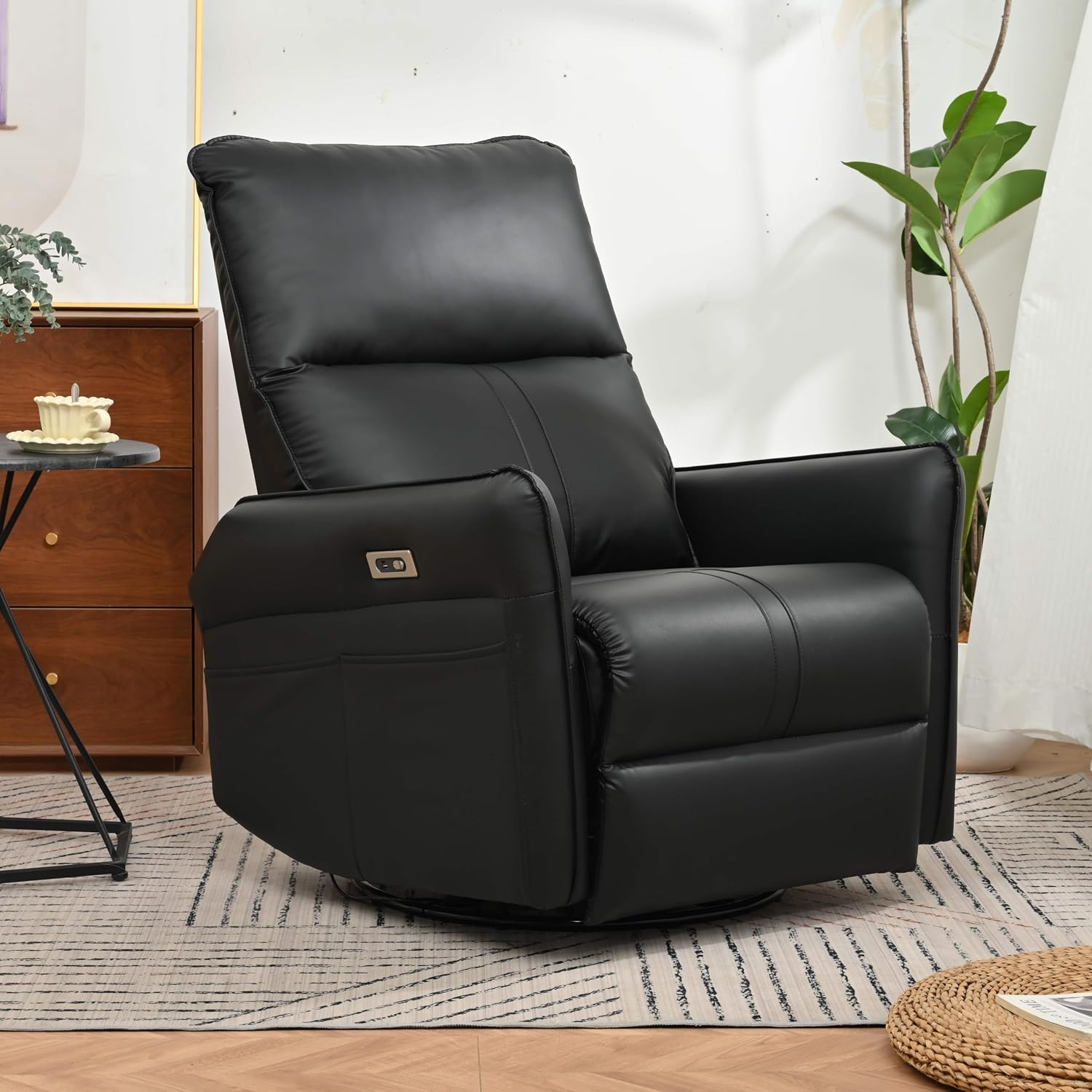 Recliner Chair with 270° Power Swivel & USB Ports,Electric Rocking Chair Nursery Glider in PU Faux Leather for Living Room, Bedroom (Black)