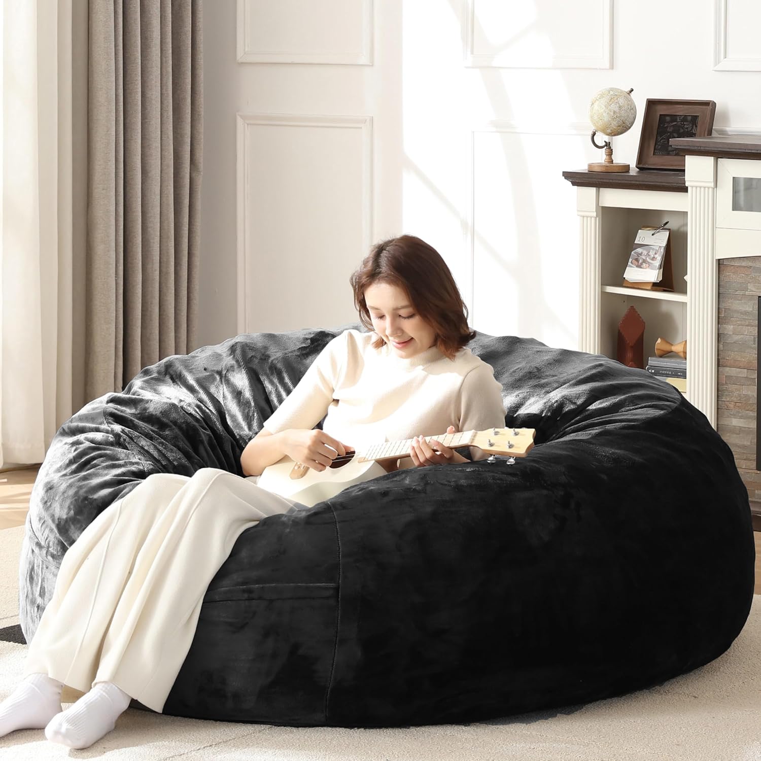 Bean Bag Chair for Adults Soft Comfy Bean Bag for Adults, Cozy Reading Chair, Large Round Bean Bag Couch, Versatile Living Room & Bedroom Chairs (Black, 5FT)