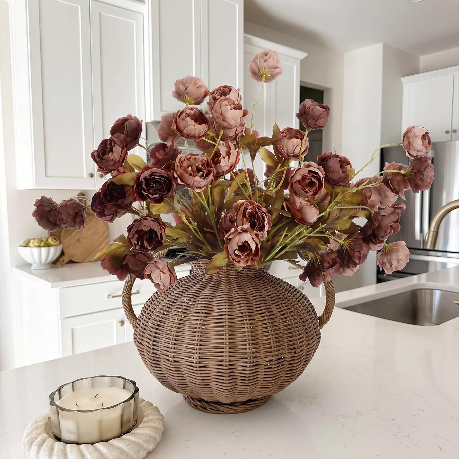 Yinder 8 Pcs Artificial Peonies Stems, 26'' Faux Peony Branch Vintage Silk Flowers for Vase Filler, Fall Home Decor, Rustic Farmhouse Wedding Table Centerpiece DIY Bouquet(Tan, Light Orange)