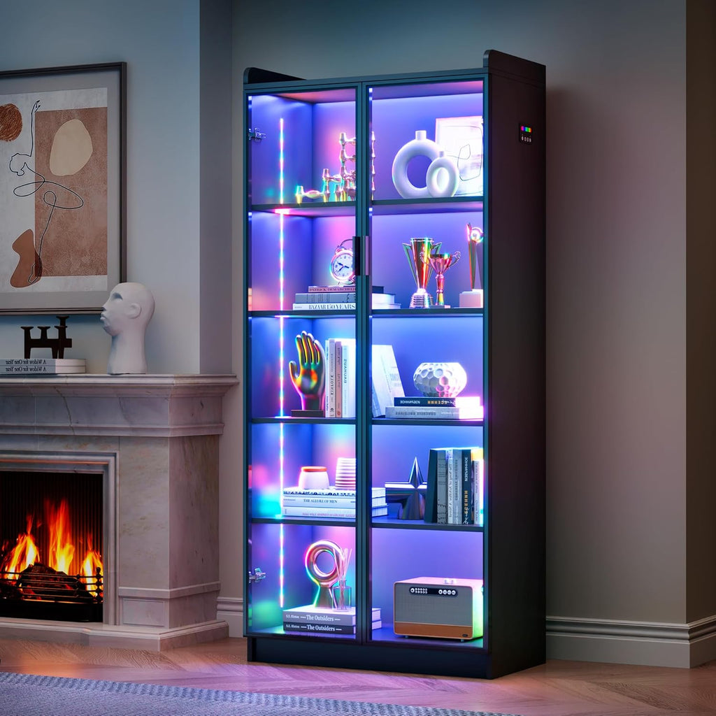 FREDEES Display Cabinet with Glass Doors, 5-Tier Curio Cabinet with Motion Sensor RGB Lights, 65" Tall Glass Display Case with Adjustable Shelves for Collectibles, Figures, Books, Black