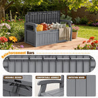 JUMMICO 80 Gallon Resin Outdoor Storage Bench with Cushion, Large Deck Box with Armrest, Lockable&Waterproof for Garden, Home, Patio, Pools (Grey, 80 Gallon)