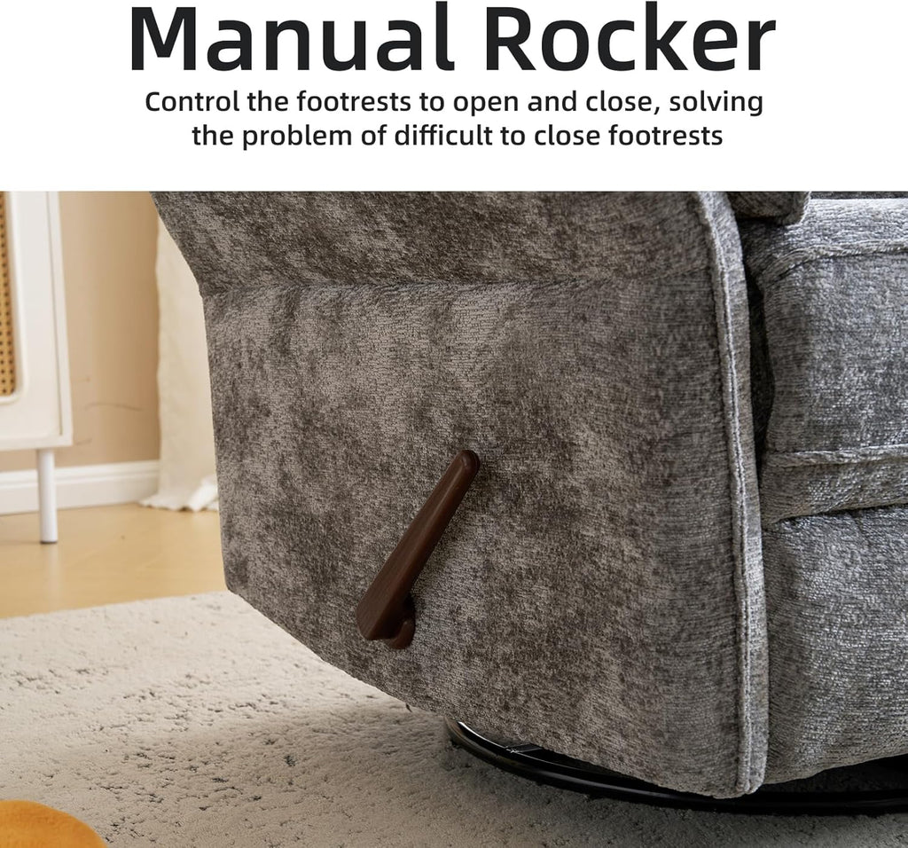 Oversized Glider Rocker Recliner, 26" Extra Wide 360° Swivel Nursery Recliner with Adjustable Headrest, Chenille Rocking Nursery Chair with Overstuffed Armrest, Lumbar Support, Dark Grey