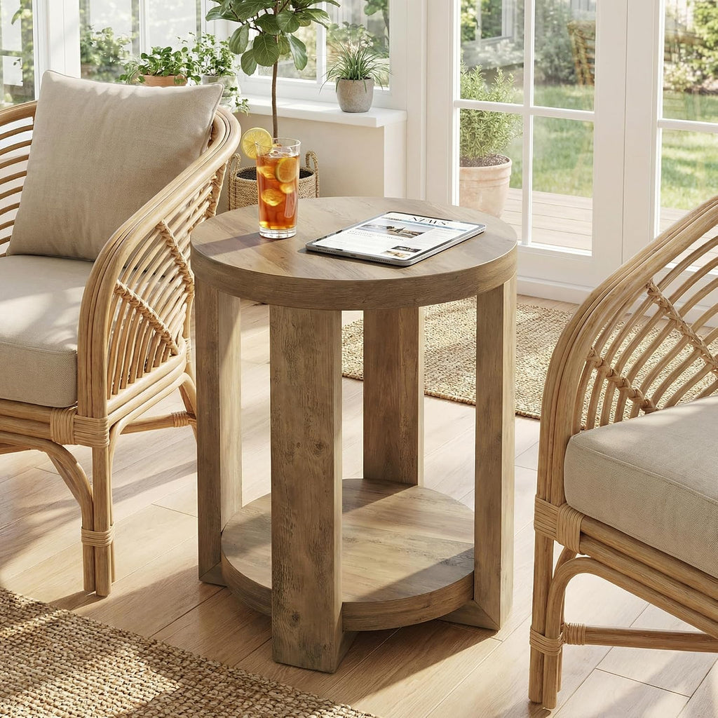 Tribesigns Round Side Table, 2-Tier End Table for Living Room & Bedroom, Small Accent Table with Storage Shelf (2, Brown)