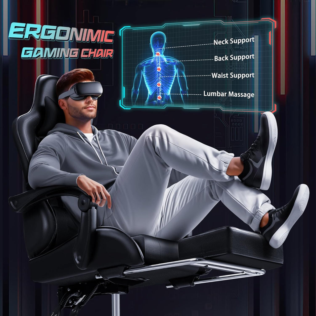 JUMMICO Gaming Chair Ergonomic Computer Chair with Footrest and Massage Lumbar Support, Height Adjustable Video Gaming Chair with 360° Swivel Seat and Headrest (Black)