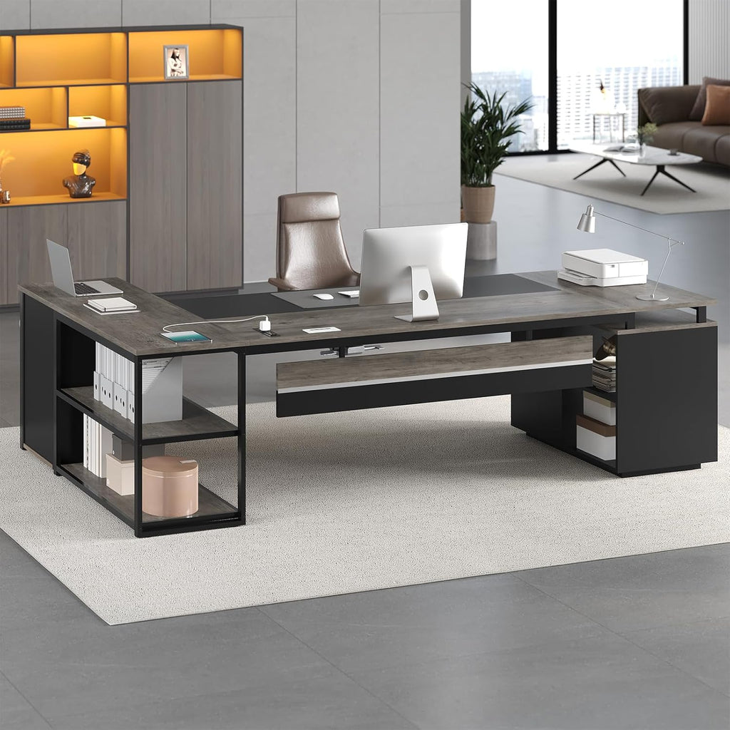 78" Executive Desk with Lockable File Cabinet, L Shaped Office Desk with Power Outlets, Large Executive Desk with Drawers and Storage Shelves , Reversible Computer Desk with Privacy Screen, Grey