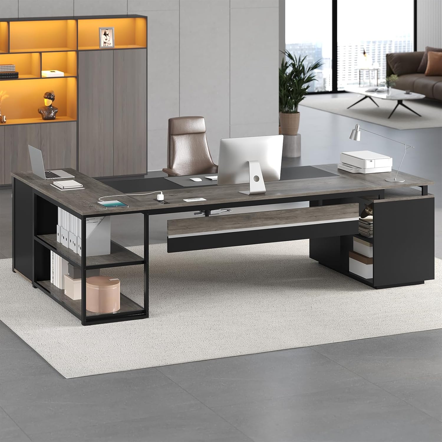 78" Executive Desk with Lockable File Cabinet, L Shaped Office Desk with Power Outlets, Large Executive Desk with Drawers and Storage Shelves , Reversible Computer Desk with Privacy Screen, Grey