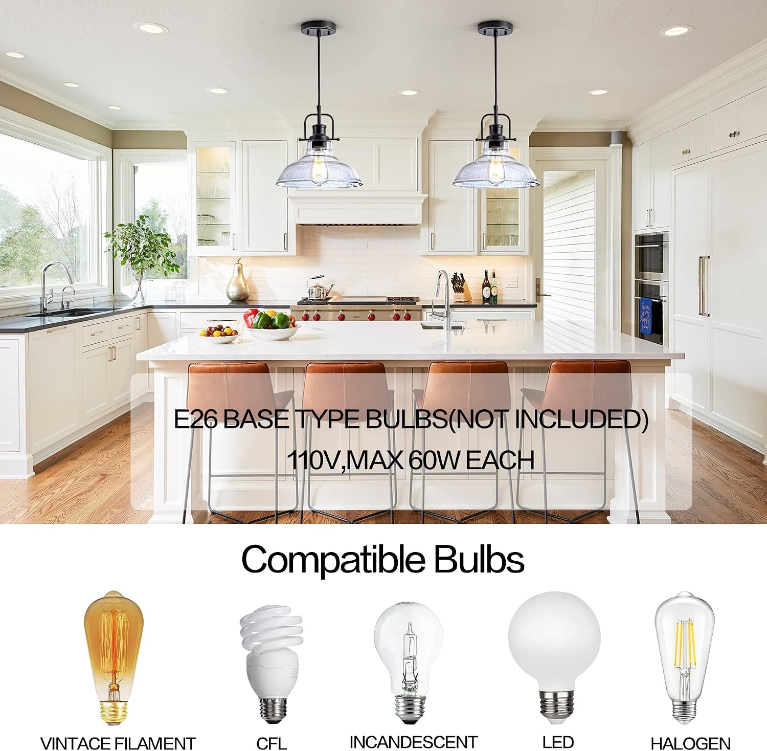 Zlepmlla Glass Pendant Light，Black Pendant Light Fixtures with Seeded Glass Shade, Adjustable Height Hanging Lights for Hallway, Kitchen Island, Dinning Room（Bulb not Included）