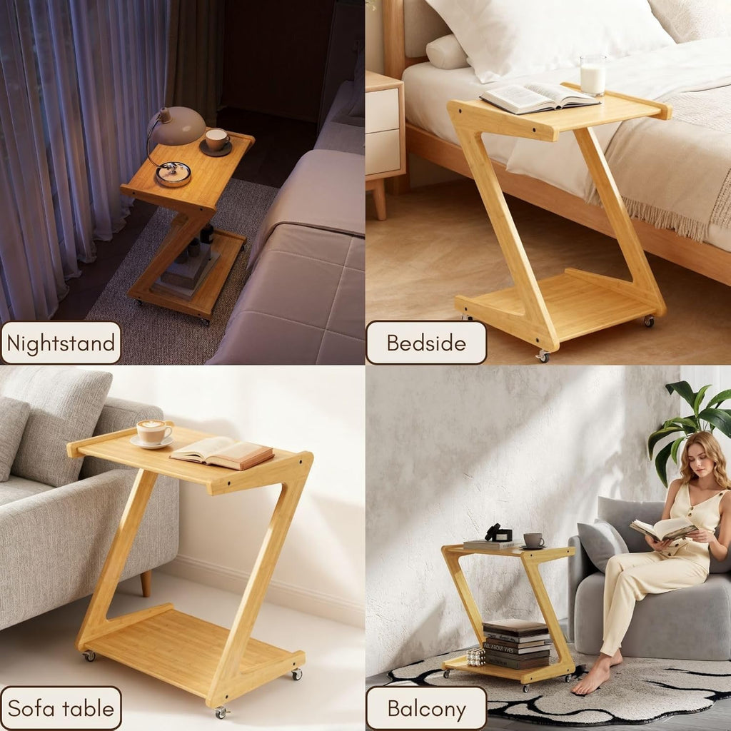 Bamboo Rolling Side Table with Wheels, Z Shaped Wooden Tv Tray Table for Living Room and Sofa Couch, Movable Dinner Laptop Coffee Snack Tray