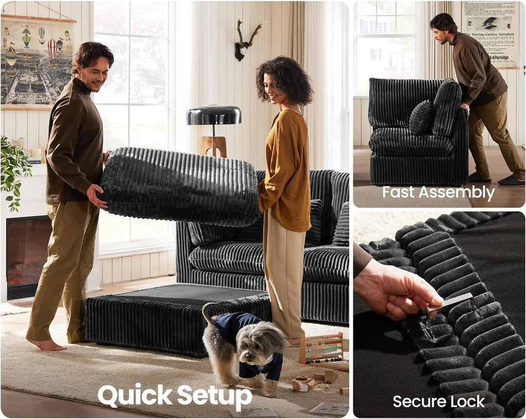 CHIC HOUSE 84" Oversized Corduroy Modular Sectional Sofa, Extra Deep 3-Seater Sofa Fluffy Cloud Couch with Ottoman, Sectional Sleeper Sofa for Living Room, L-Shaped, Plush Corduroy, Black