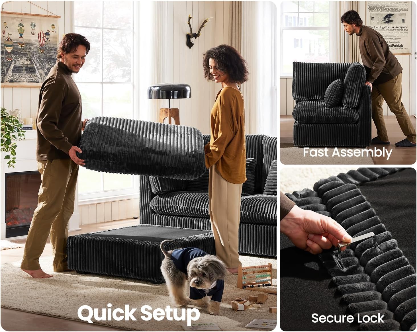 CHIC HOUSE 84" Oversized Corduroy Modular Sectional Sofa, Extra Deep 3-Seater Sofa Fluffy Cloud Couch with Ottoman, Sectional Sleeper Sofa for Living Room, L-Shaped, Plush Corduroy, Black