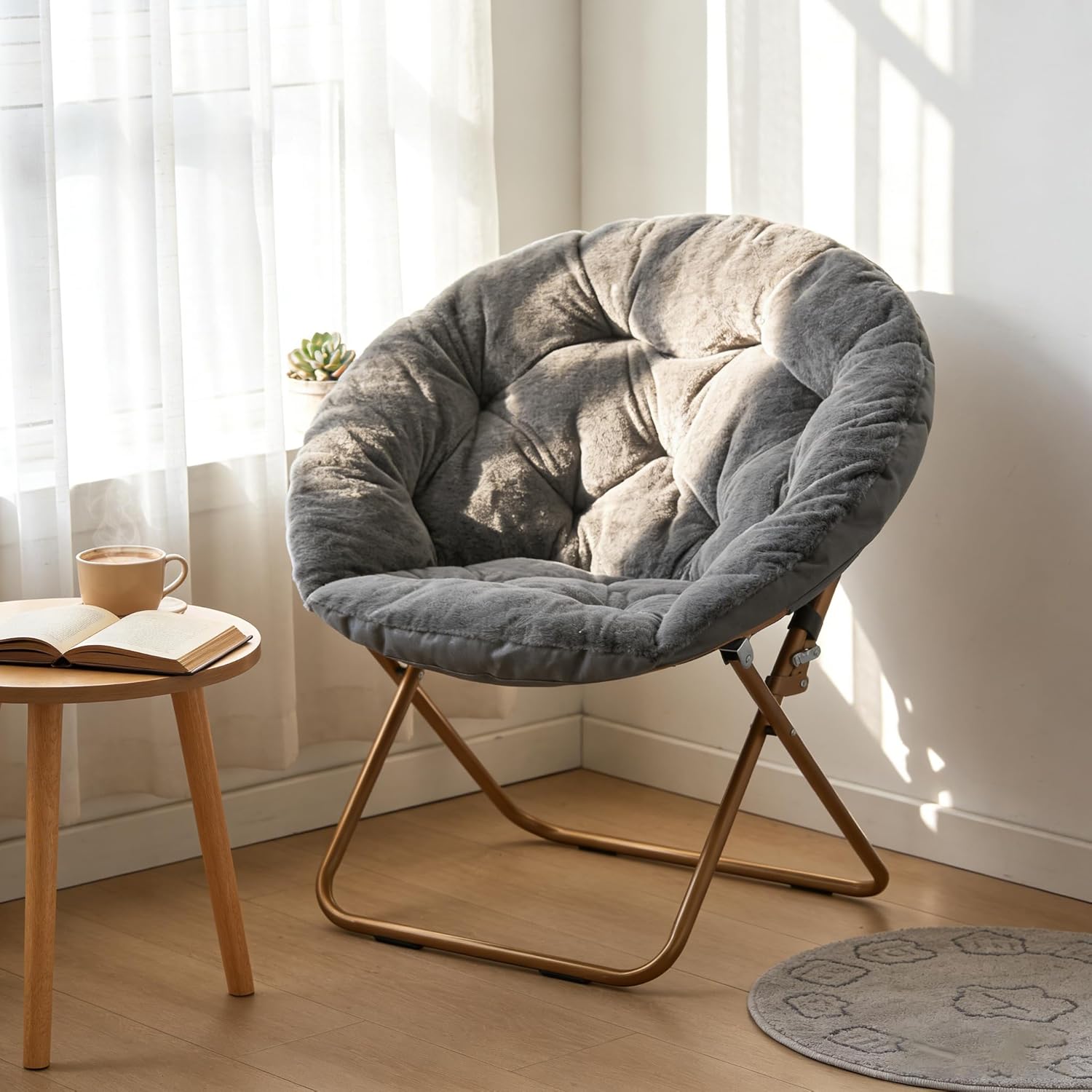 Magshion Saucer Chair for Adults, Comfy Living Room Lounge Chair for Bedroom Corner, Dorm, Apartment, Faux Fur Fluffy Circle Accent Seat with Thick Padded & Folding Metal Frame (Grey)