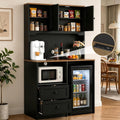 72" Kitchen Pantry Storage Cabinet with Fridge Space, Mini Fridge Cabinet with Charging Station, Large Pantry Cabinet with Drawers, Doors & Shelves, Kitchen Hutch with Microwave Stand, Black