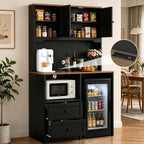 72" Kitchen Pantry Storage Cabinet with Fridge Space, Mini Fridge Cabinet with Charging Station, Large Pantry Cabinet with Drawers, Doors & Shelves, Kitchen Hutch with Microwave Stand, Black