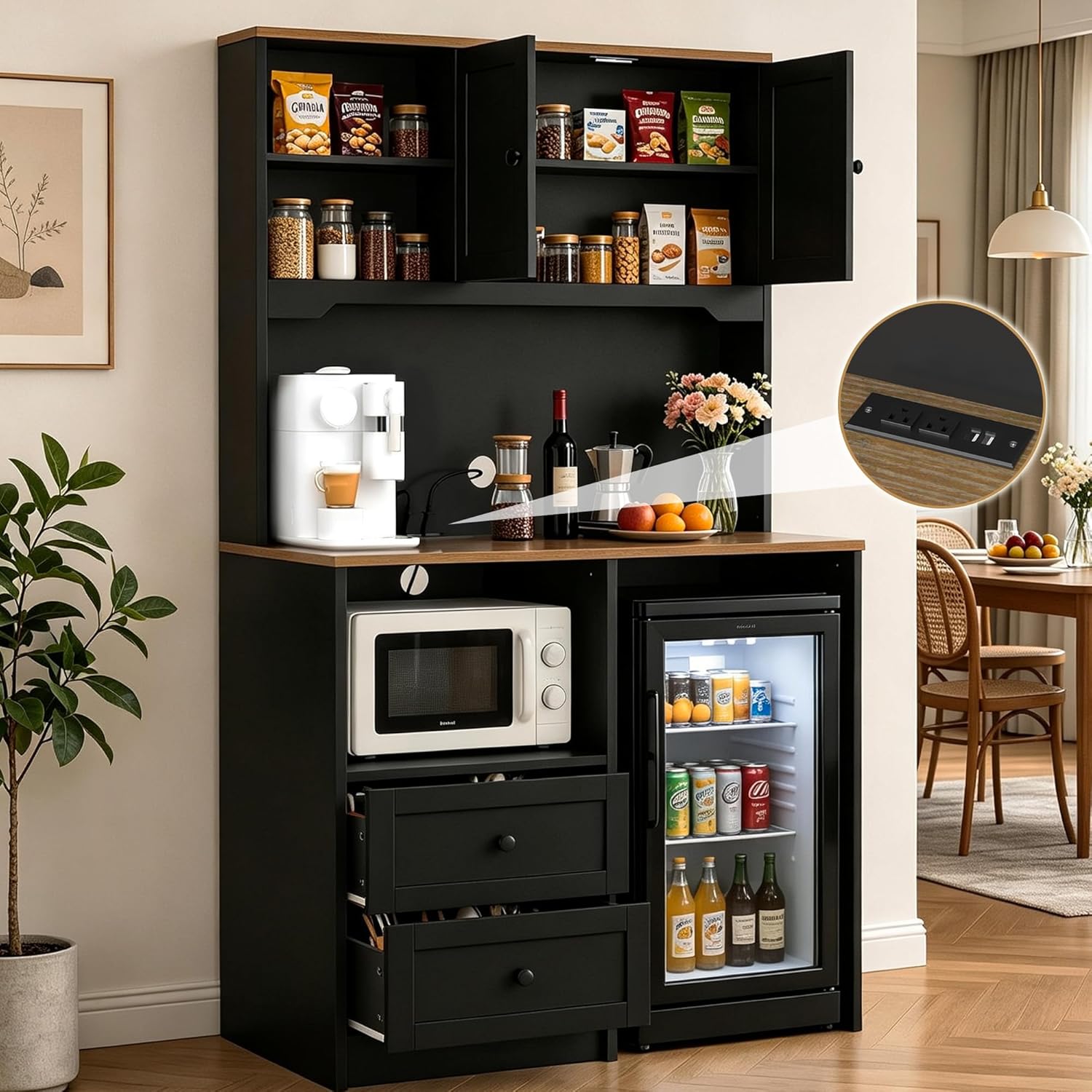 72" Kitchen Pantry Storage Cabinet with Fridge Space, Mini Fridge Cabinet with Charging Station, Large Pantry Cabinet with Drawers, Doors & Shelves, Kitchen Hutch with Microwave Stand, Black