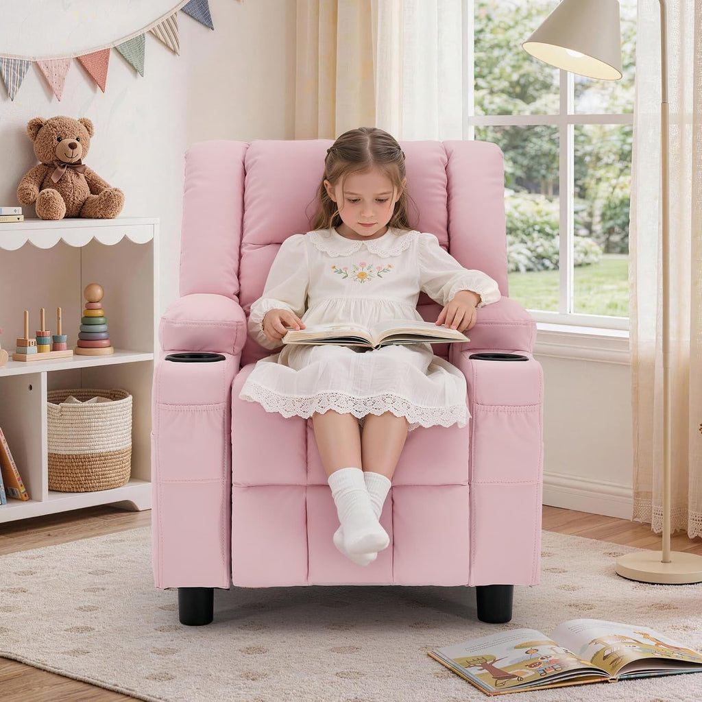 Korser Kids Recliner Chair, Toddler Recliners with Adjustable Push Back Design, Kids Recliner Sofa with Cup Holder, Footrest & Side Pockets for Boys Girls Room. (Pink, 110 lbs Capacity)