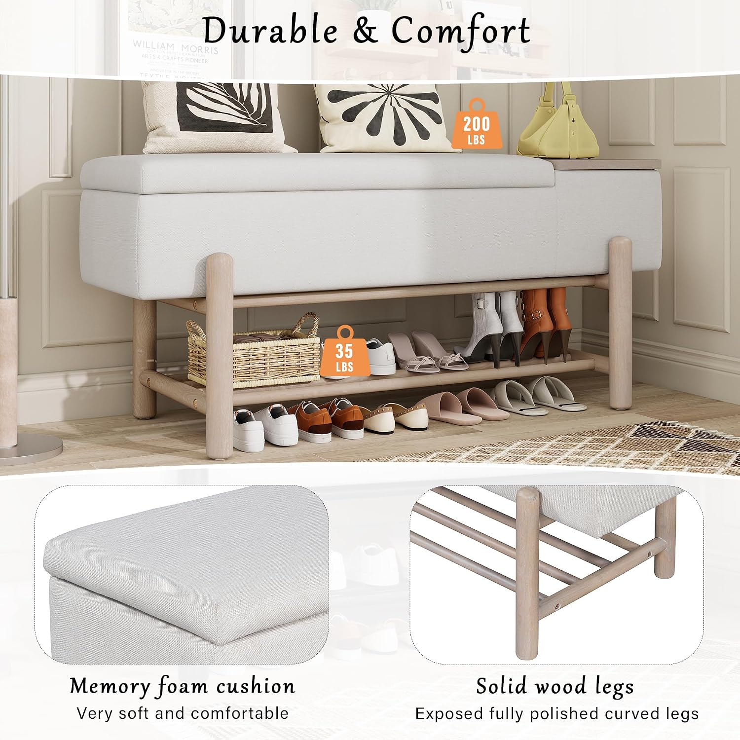 RUNNA Farmhouse Upholstered Storage Bench with Hidden Compartment, Modern Entryway Bench for Living Room,Entryway,and Hallways (Natural#14)