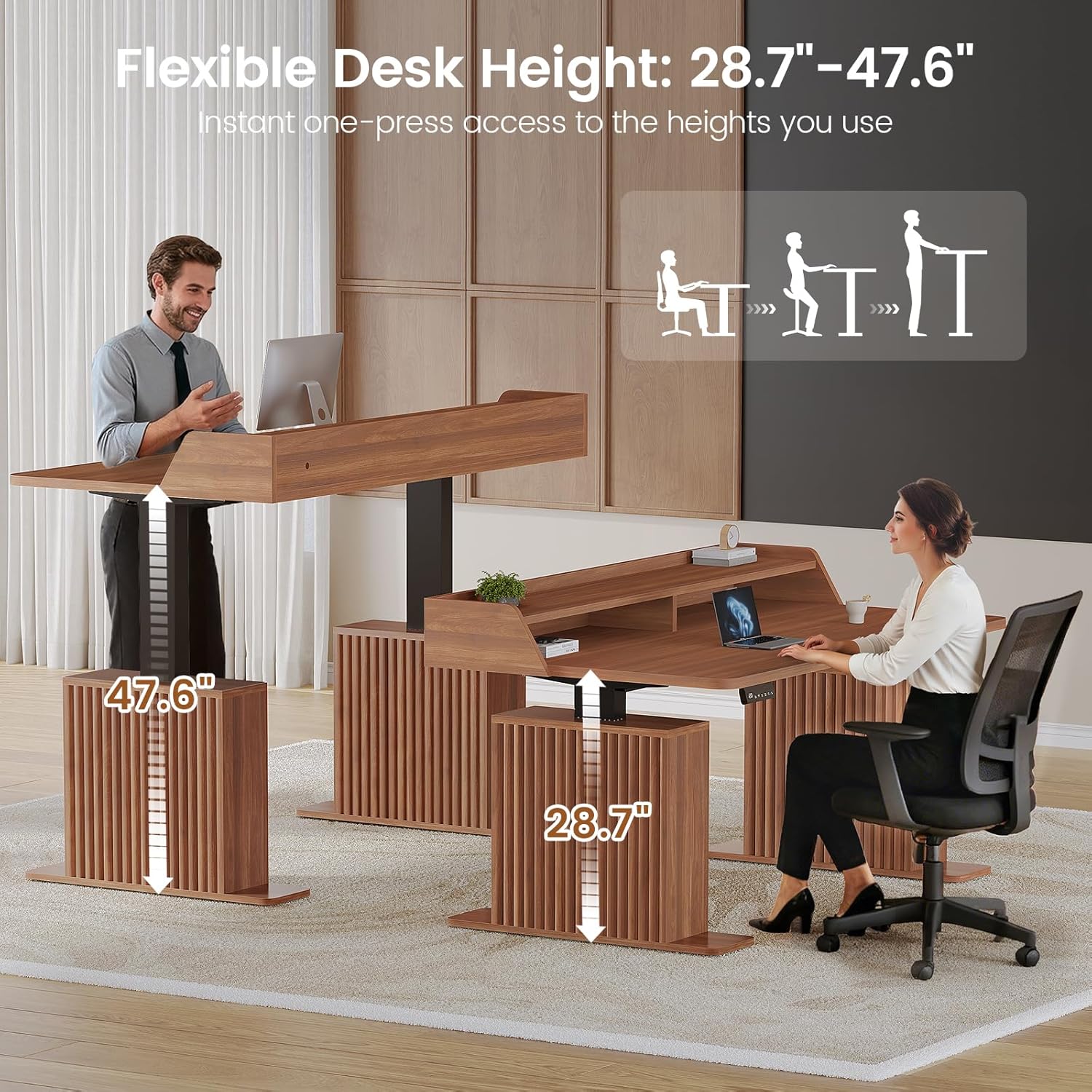 SEDETA Standing Desk with Storage, 55" Fluted Stand Up Desk with Power Outlets and LED Lights, Height-Adjustable Table with Monitor Shelf for Home Office & Gaming, Brown