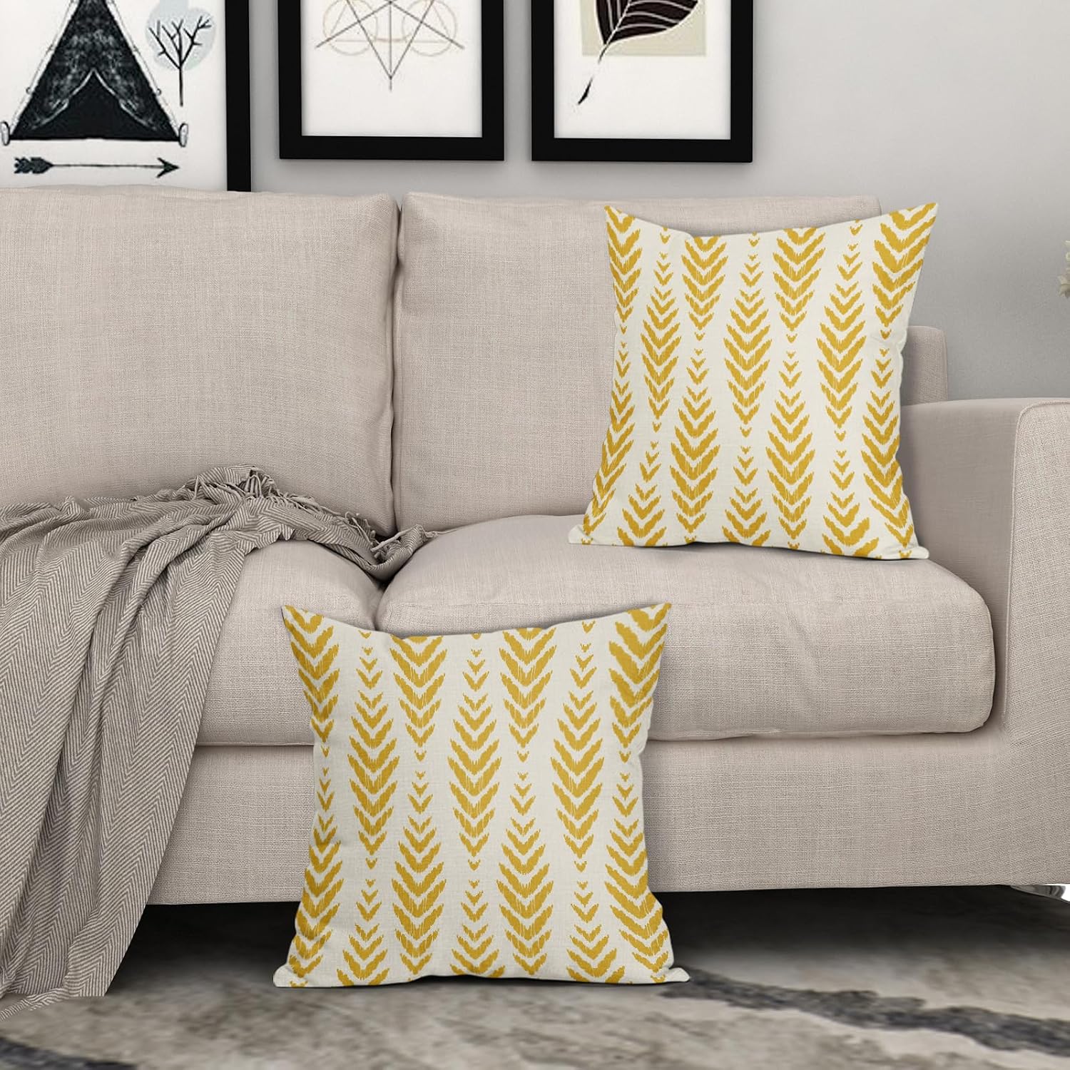 Sweetshow Yellow Boho Pillow Covers 18x18 Set of 2 Bohemian Ethnic Geometric Herringbone Print Decorative Throw Pillows Outdoor Pillowcase Square Linen Farmhouse Cushion Case Decor for Couch Sofa Bed
