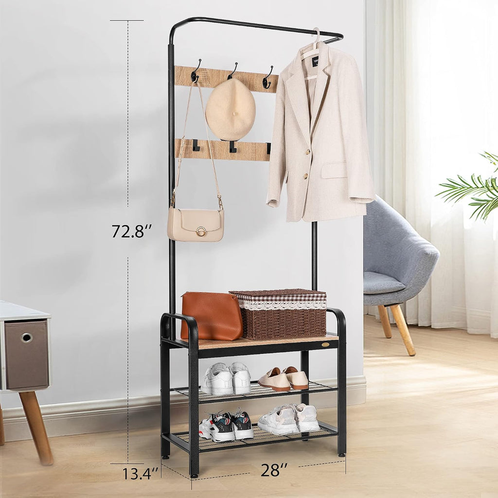 VIVOHOME 3-in-1 Entryway Hall Tree, Heavy Duty MDF Stand Coat Rack with Storage Bench, Industrial Wood Furniture with Stable Metal Frame, 8 Hooks, Light Brown