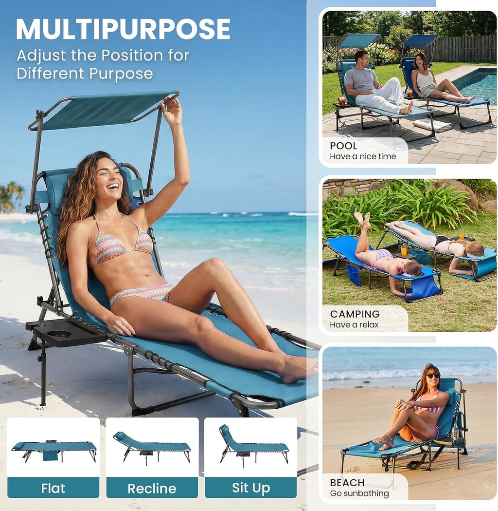 FUNDANGO Heavy Duty Tanning Chair with Face Hole & Canopy, 400lbs Beach Lounge Chair with Side Table, 5-Position Sun Lounger for Outdoor Patio Pool-Face Down Chaise with Anti-Pinch Safety Lock,Cyan