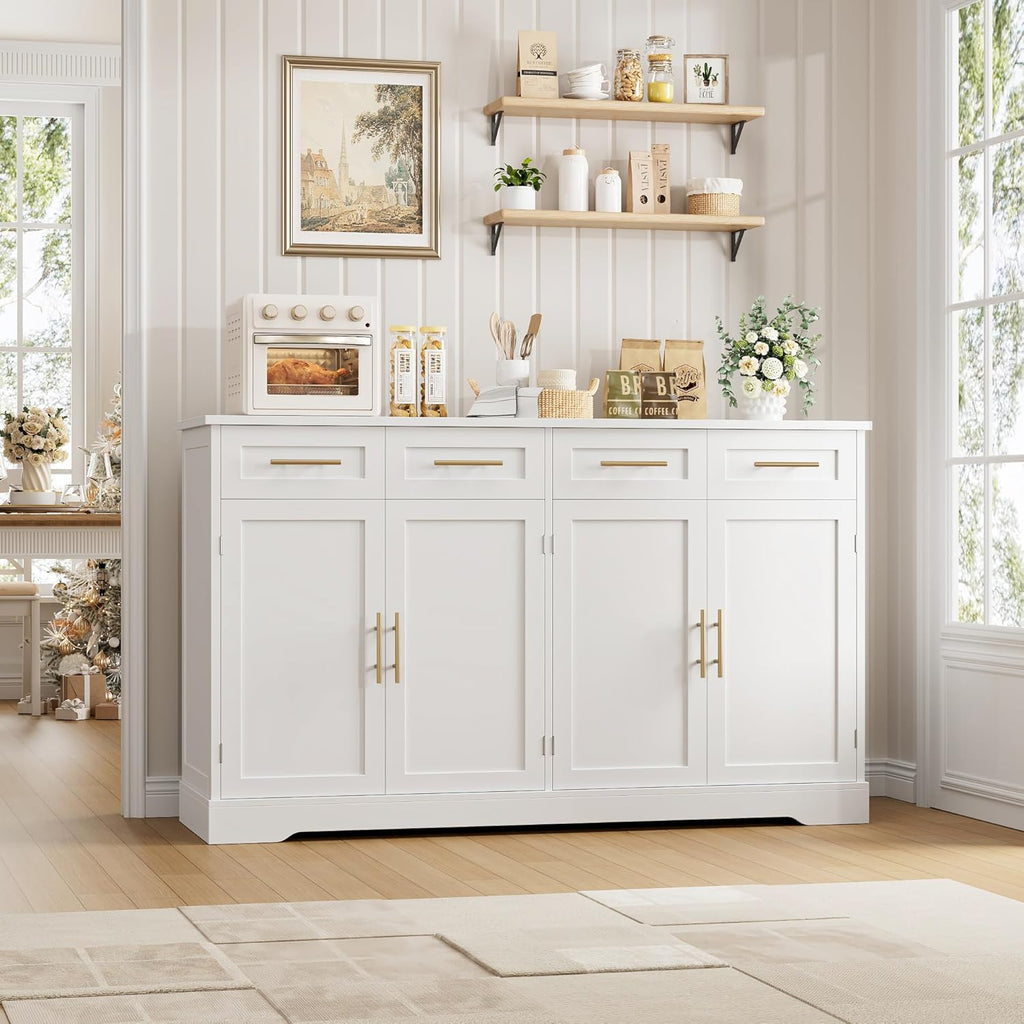 HOSTACK 60" Large Buffet Sideboard with Storage, 36" Tall Kitchen Buffet Storage Cabinet with 4 Drawers, Modern Coffee Bar Cabinet with Gold Handles, Long Sideboard Buffet Table for Kichen, White