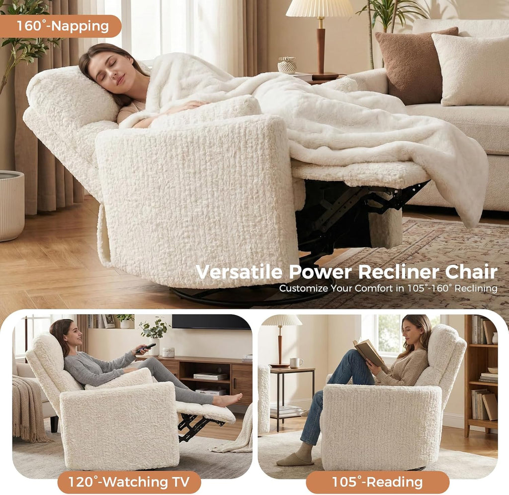 HUSFU Power Swivel Rocker Recliner Chair, Nursery Glider Rocking Chair for Adults with Nightlight and USB & Type-C Ports, Comfy Plush Recliner Chairs for Living Room, Bedroom, Cream