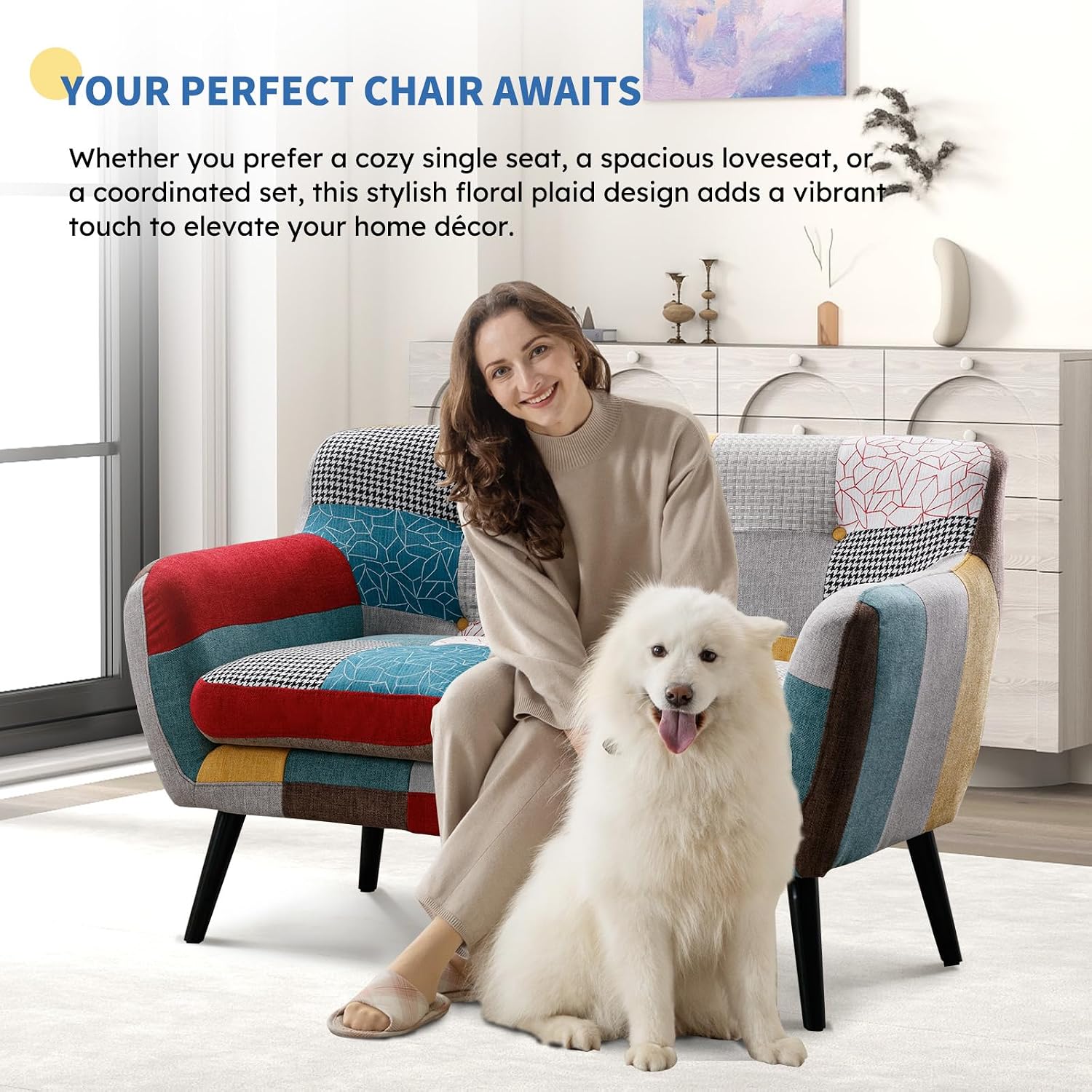 Bonzy Home Modern Colorful 3 Piece Coroful Fabric Sofa Set, Included 2 Accent Chairs and Boho Loveseat, Linen Patchwork Plaid Couches with Rubberwood Legs and Removable Upholstered for Living Room