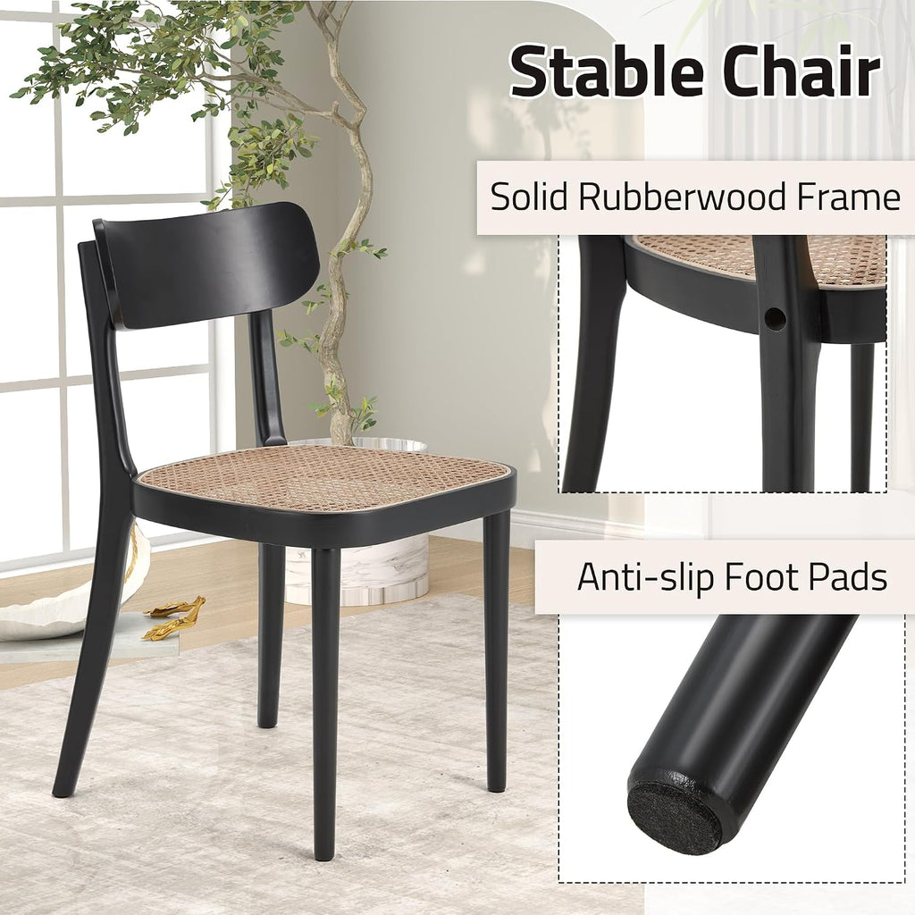 AVAWING Black Wood Dining Chairs Set of 4, Farmhouse Dining Chairs with Cane Seat and Curved Back for Kitchen & Dining Room