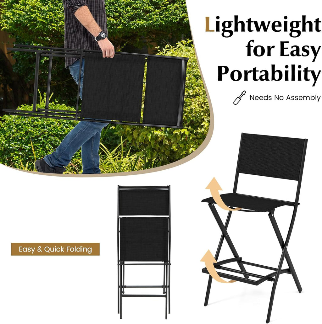 COSTWAY Outdoor Patio Bar Chair Set of 2, Folding Counter Height Stool with Metal Frame & Footrest, Patio Bar Stool for Balcony, Garden & Poolside (2, Black)