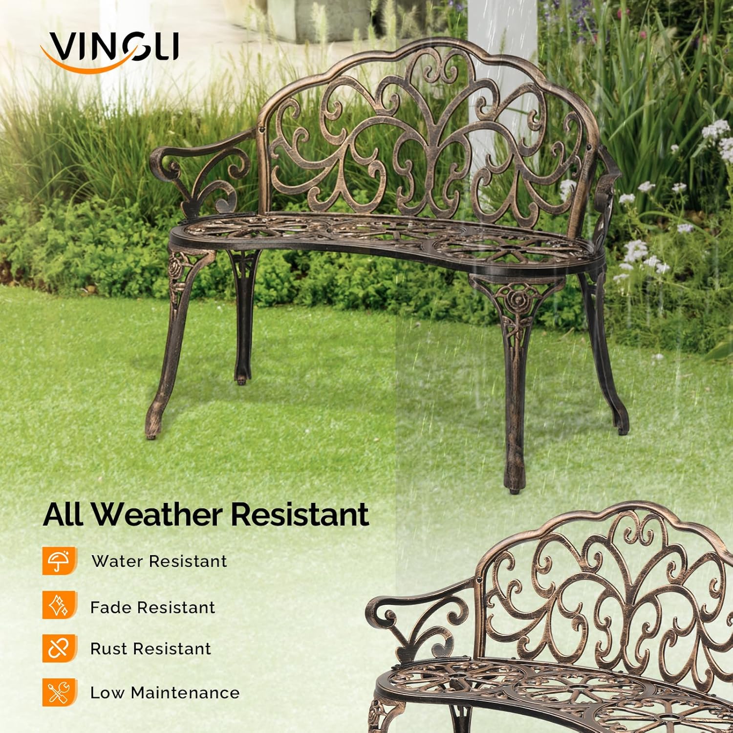 VINGLI 38.5" Patio Park Garden Outdoor Metal Rose Bench, 2-Person Cast Iron Cast Aluminium Frame Antique Finish Chair,Accented Lawn Front Porch Path Yard Decor Deck Furniture (Bronze, Butterfly)