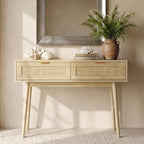 HOPUBUY Console Table Rattan Desk with Drawers Set of 2, Oak Narrow Sofa Table with Pine Leg, Modern Small Entryway Table for Hallway and Living Room, 39" Rustic Natural