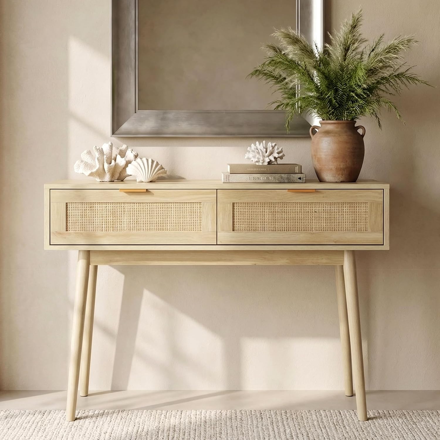 HOPUBUY Console Table Rattan Desk with Drawers Set of 2, Oak Narrow Sofa Table with Pine Leg, Modern Small Entryway Table for Hallway and Living Room, 39" Rustic Natural