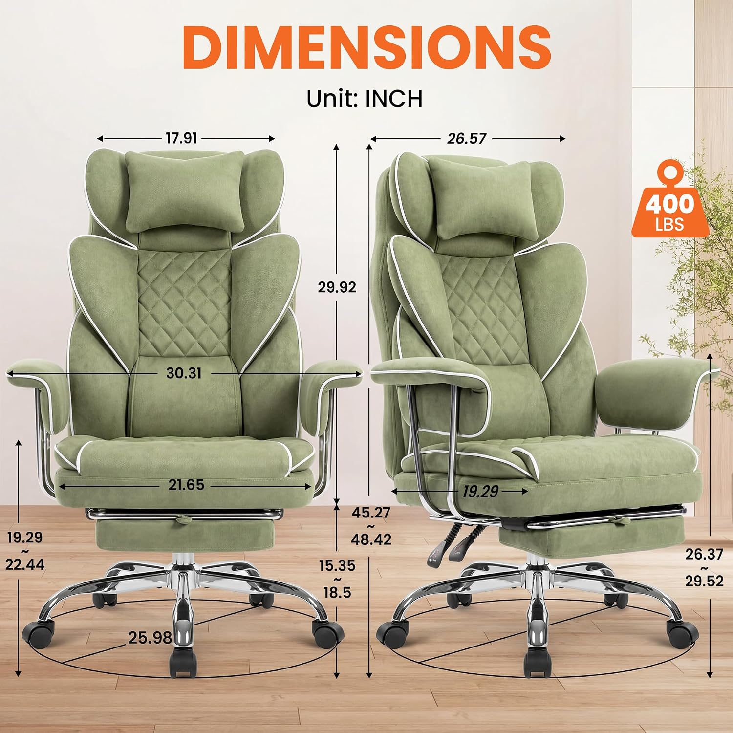 NEO CHAIR Big and Tall Office Chair Gaming Computer Chair High Back Heavy Duty Desk Chai with Lumbar Support Adjustable Recliner Footrest Wide Seat Fabric Executive Home with Wheels (Fabric Green)
