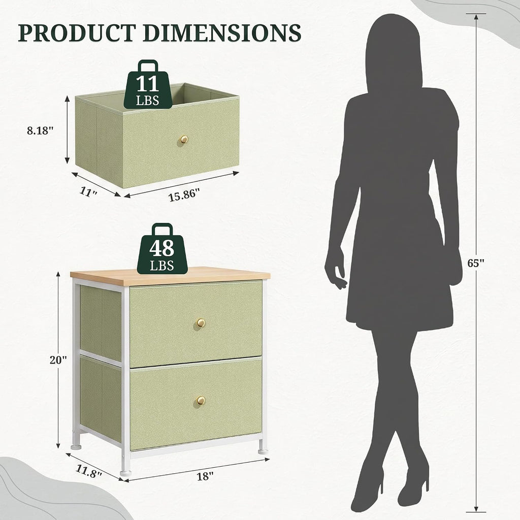 2 Drawer Fabric Nightstand, Bedside Table with Wooden Top, Light Green | Small Dresser for Bedroom with Wooden Top and Steel Frame Bedside Table Storage Organizer for Closets, Entryways and Dorms