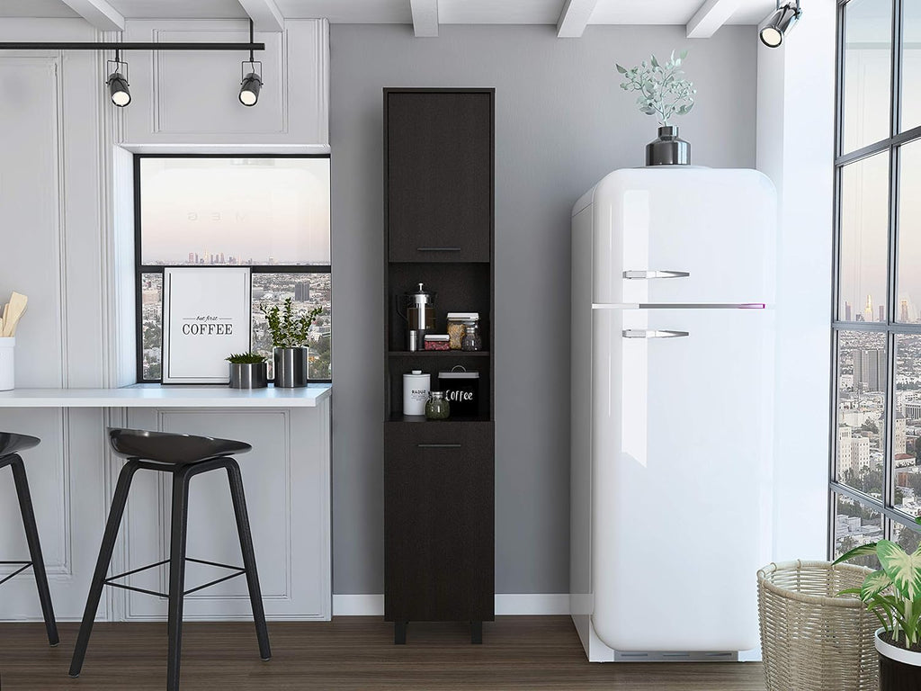 Pantry, Four Legs, Three Interior Shelves, Two Shelves, Two Cabinets -Black
