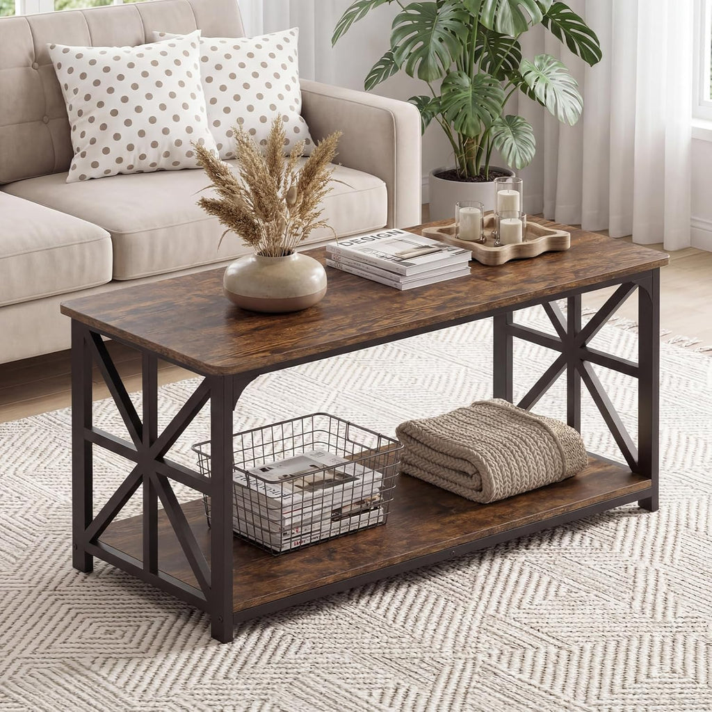 Giantex Farmhouse Coffee Table, 43" Center Table with Storage & X-Shaped Frames, 2-Tier Modern Accent Cocktail Tea Table, Rectangular Wooden Living Room Tables for Small Spaces, Rustic Brown
