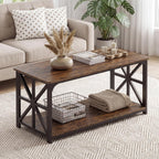 Giantex Farmhouse Coffee Table, 43" Center Table with Storage & X-Shaped Frames, 2-Tier Modern Accent Cocktail Tea Table, Rectangular Wooden Living Room Tables for Small Spaces, Rustic Brown
