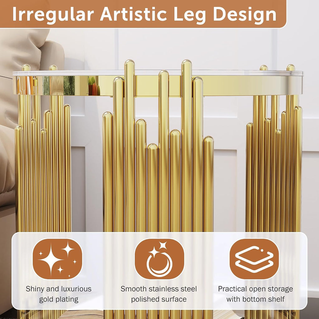 Luxury Gold Round Glass End Table Set of 2, 19.7" Modern Side Table with Stainless Steel Irregular Leg Clear Tempered Glass Tabletop, Accent Furniture for Living Room, Clear