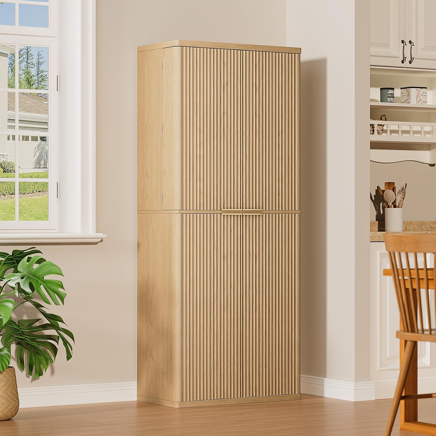 72" Tall Kitchen Pantry Modern Fluted Wood Storage Cabinet with Doors,6 Door Shelves, Organizer, Versatile Cupboard for Kitchen, Dining, Oak,30''W x 15.75''D x 72''H.