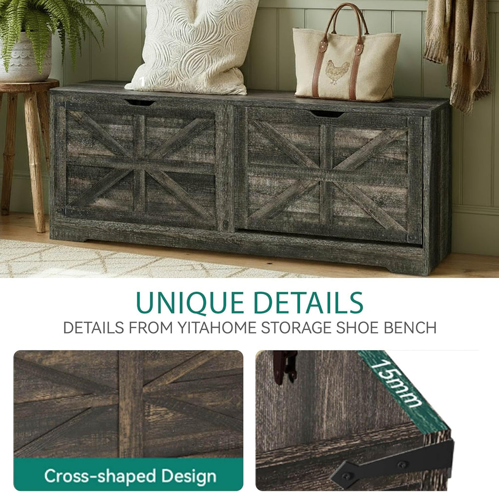 YITAHOME 55" L Farmhouse Shoe Storage Bench with Flip-Top Seat & 3 Tilt-Out Drawers, Entryway Organizer for Mudroom, Hallway, Cloakroom