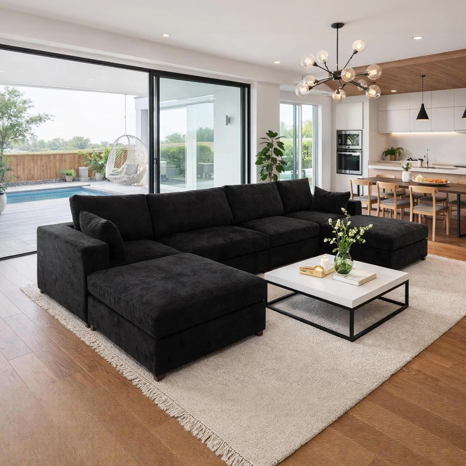 151" Oversized Sectional Sofa Set, Extra Large Modular Couch with Ottoman, Upholstered Linen Cloud Couch Deep Seat Sofa Cushion Covers Removable for Living Room (6 Seater U Shaped Black)